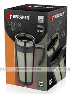 Термокружка Bergner Neon Green 400мл з силіконовою накладкою і ручкою