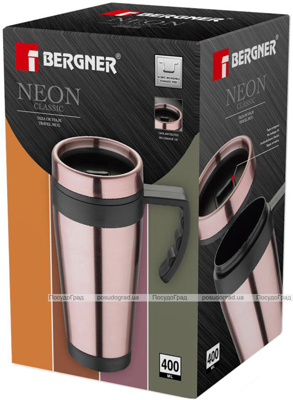 Термокружка Bergner Neon Pink 400мл с силиконовой накладкой и ручкой