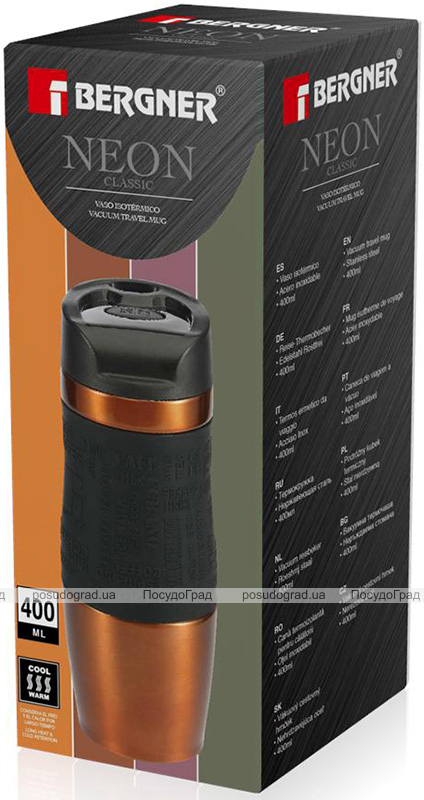 Термокружка Bergner Neon Orange 400мл с силиконовой накладкой