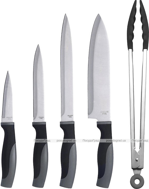 Набор кухонных ножей Bergner In-Black, 4 ножа и щипцы, нержавеющая сталь