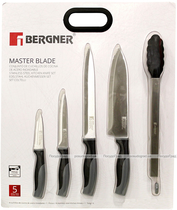 Набор кухонных ножей Bergner In-Black, 4 ножа и щипцы, нержавеющая сталь
