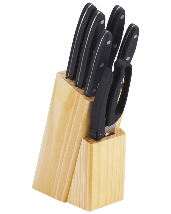 Набор кухонных ножей Bergner Reliant 5 ножей, ножницы и деревянная колода 83BK