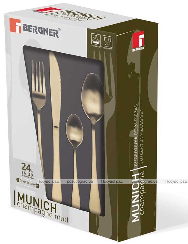 Набор столовых приборов Bergner Munich 24 предмета на 6 персон, золотой матовый