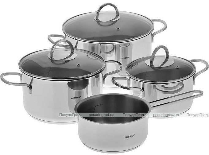 Набір 3 каструлі і ківш Bergner Classic 1.35л, 1.7л, 3.3л і 5.7л з нержавіючої сталі
