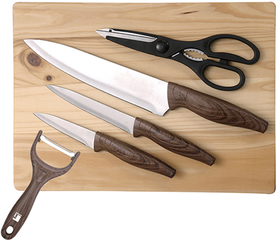 Набор ножей Bergner In Wood 3 ножа, овощечистка, ножницы, доска