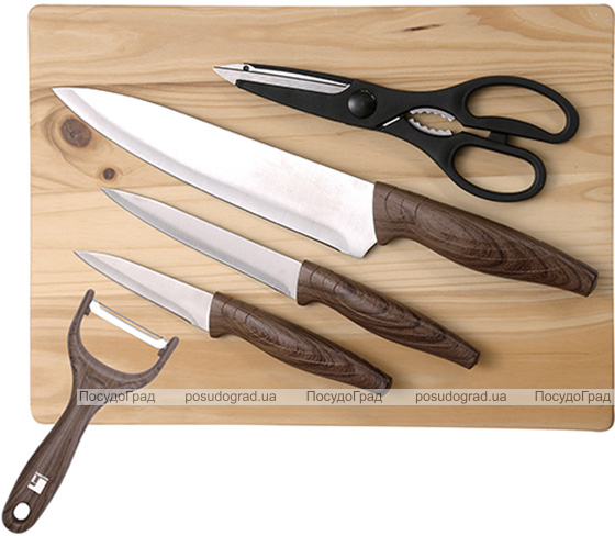 Набор ножей Bergner In Wood 3 ножа, овощечистка, ножницы, доска