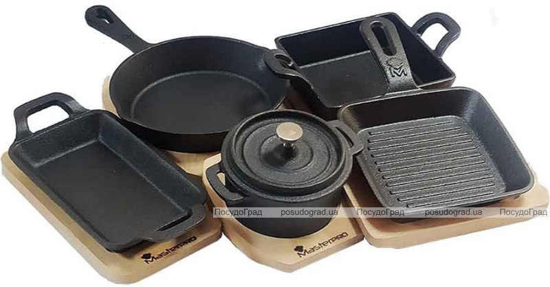 Гриль-панель чавунна Bergner MasterPro Cook And Share 12.6х18.5х3.6см на дерев'яній підставці