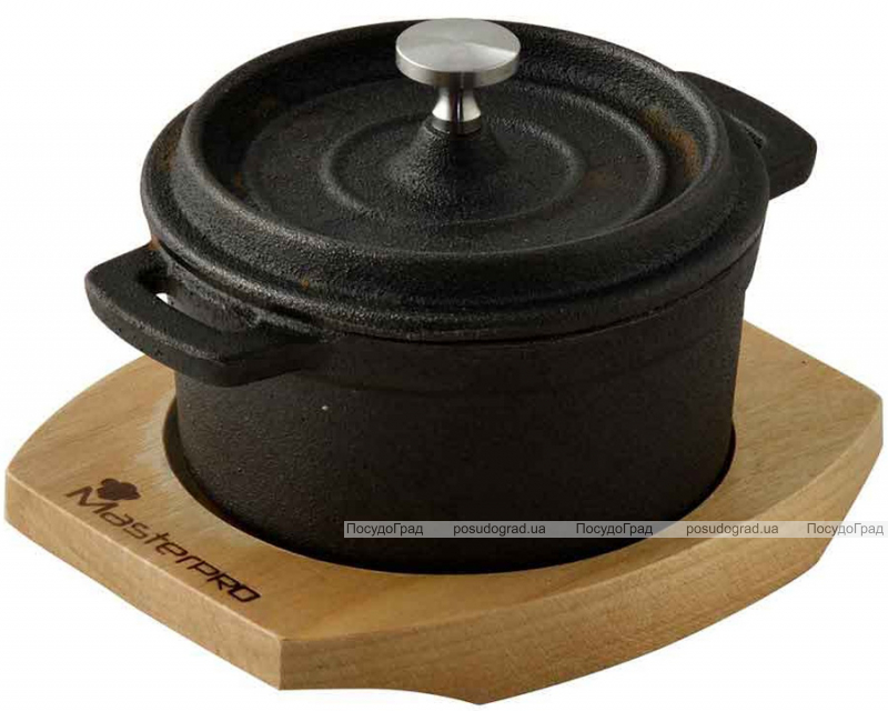 Каструля чавунна Bergner MasterPro Cook And Share 10х13х4.1см на дерев'яній підставці