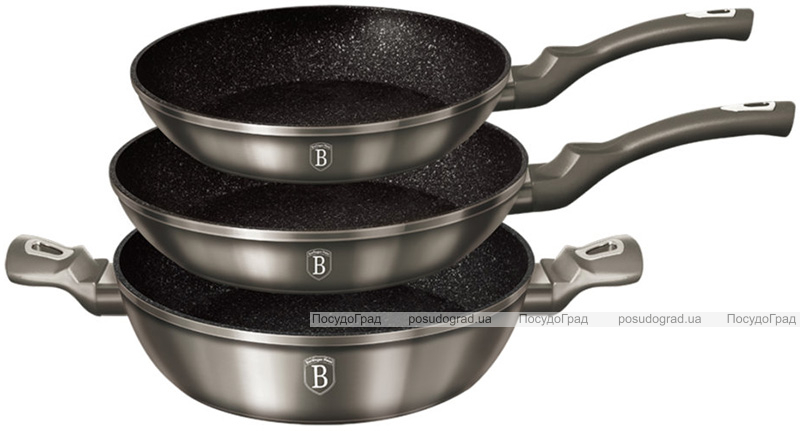 Набор Berlinger Haus Carbon 2 сковороды Ø20см, Ø24см, сотейник Ø28см, мраморное антипригарное покрытие