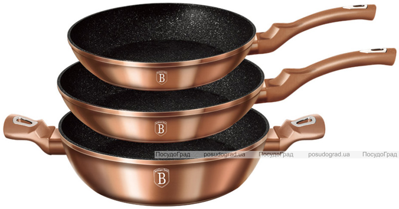 Набор 2 сковороды и сотейник Berlinger Haus Rose Gold Ø20см, Ø24см и Ø28см (3.8л), индукционные с антипригарным покрытием