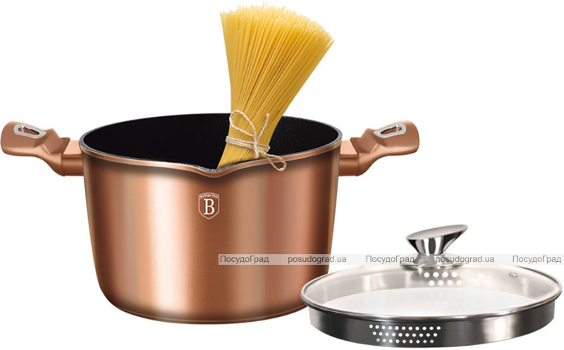 Кастрюля Berlinger Haus Rose Gold 6л с крышкой-дуршлаг и носиком для слива, индукционная с антипригарным покрытием