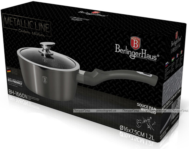 Ківш Berlinger Haus Carbon 1.2л зі скляною кришкою, мармурове антипригарне покриття