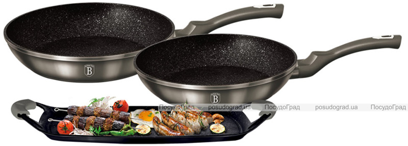 Набор Berlinger Haus Carbon 2 сковороды Ø22см, Ø26см, противень-гриль 36х23см