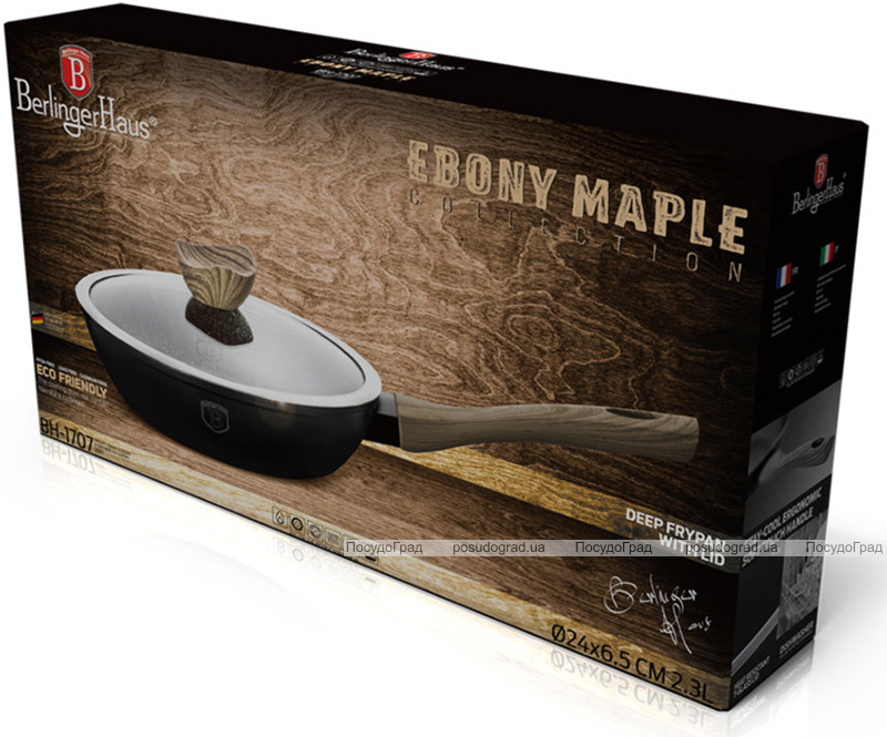 Глибока сковорода Berlinger Haus Ebony Maple Ø24см (2.3л) з кришкою, мармурове антипригарне покриття