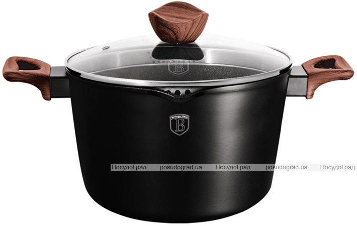Каструля Berlinger Haus Ebony Rosewood 6л з кришкою-друшляк і носиком для зливу, мармурове антипригарне покриття