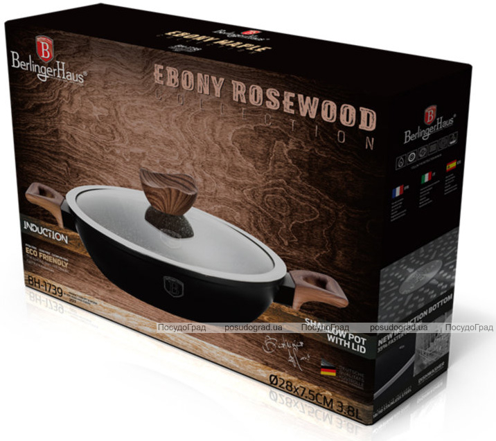Сотейник Berlinger Haus Ebony Rosewood Ø28см (3.8л) з кришкою, мармурове антипригарне покриття