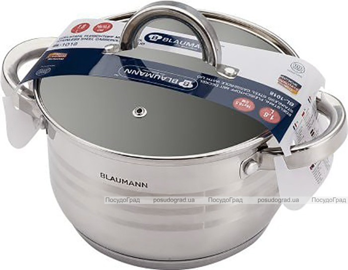 Каструля Blaumann Gourmet 1.8л Ø16х10.5см з нержавіючої сталі зі скляною кришкою