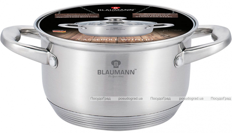 Каструля Blaumann Gourmet 3.8л Ø20х12.5см з нержавіючої сталі зі скляною кришкою