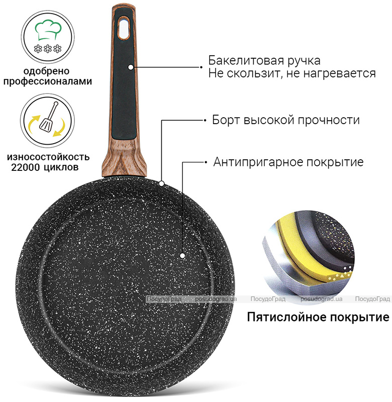 Сковорода глибока Fissman Diamond Grey Ø24см з 5-шаровим антипригарним покриттям, чорний