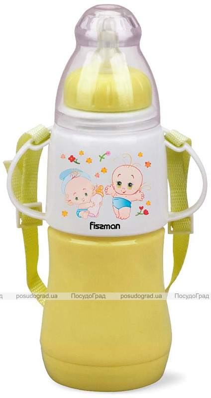 Бутылочка детская для кормления Fissman Babies "Малыши" 230мл с ремешком, желтая