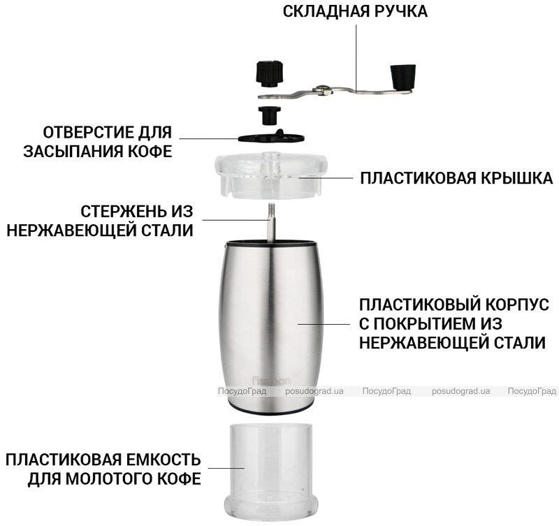 Кофемолка ручная Fissman с керамическими жерновами Ø7х18см