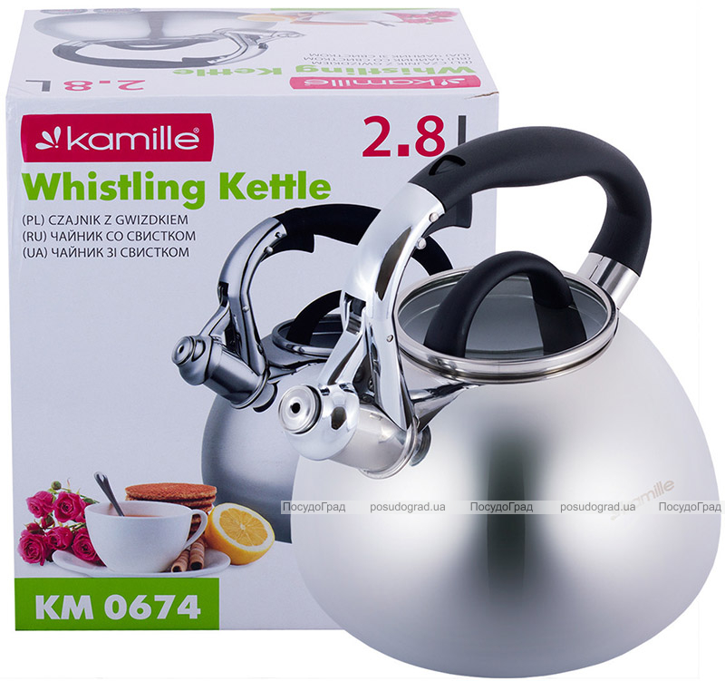 Чайник Kamille Whistling Kettle 2.8л из нержавеющей стали со свистком и стеклянной крышкой