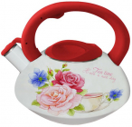 Чайник емальований Kamille Spring Flowers 3.0л зі свистком червона ручка