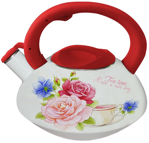 Чайник емальований Kamille Spring Flowers 3.0л зі свистком червона ручка