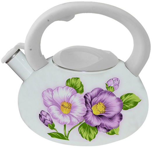 Чайник емальований Kamille Spring Flowers 3.0л зі свистком біла ручка