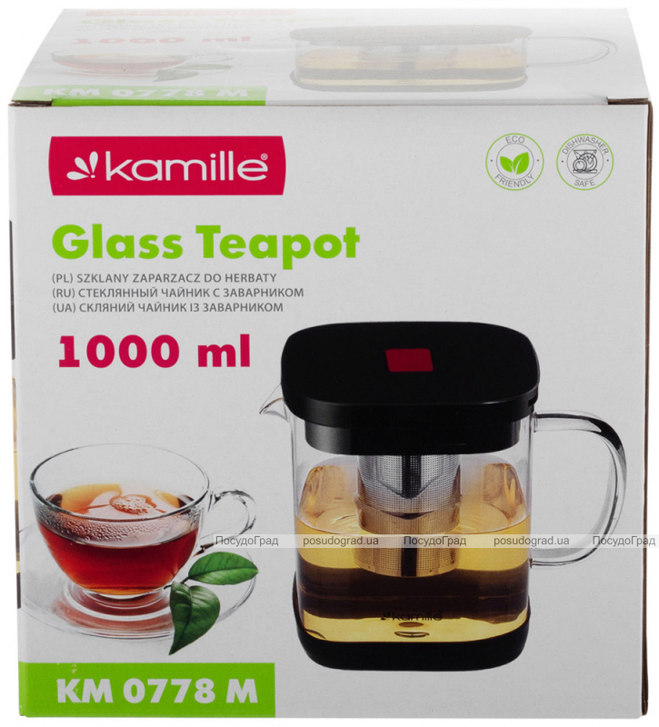 Чайник скляний заварювальний Kamille 1000мл зі знімним ситечком (0778m)