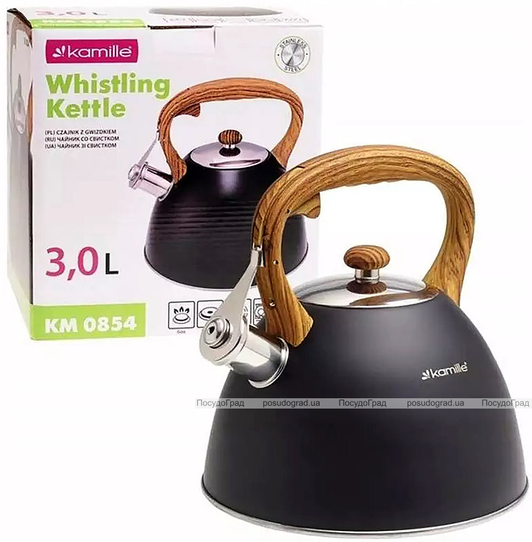 Чайник Kamille Whistling Kettle Black 3л з нержавіючої сталі зі свистком (чорний)
