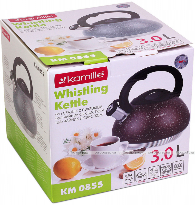 Чайник Kamille Whistling Kettle 3л з нержавіючої сталі зі свистком, коричневий граніт
