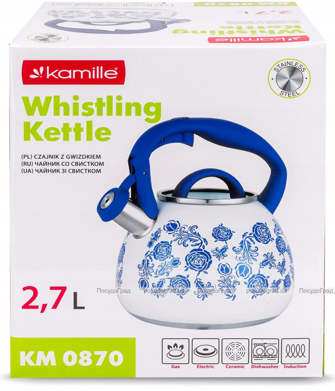 Чайник індукційний Kamille Blue Rose 2.7л із нержавіючої сталі зі свистком