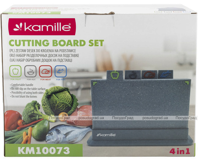 Набір 4 обробні дошки Kamille 29x19.5x0.6см на компактній підставці, твердий пластик