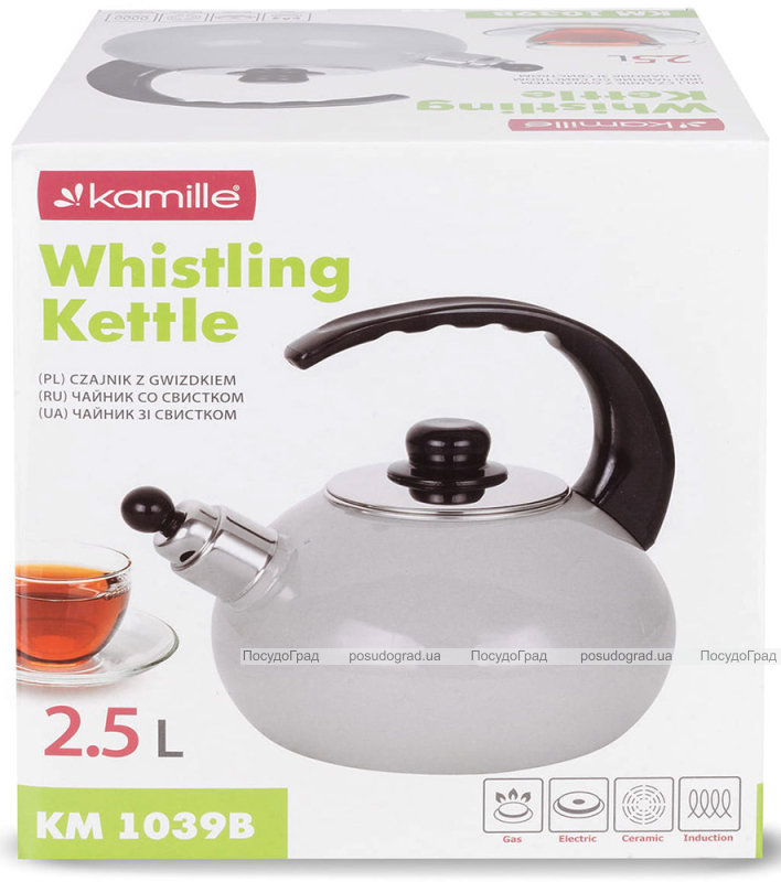 Чайник емальований Kamille "Boiling Water" 2.5л зі свистком, бежевий глянець