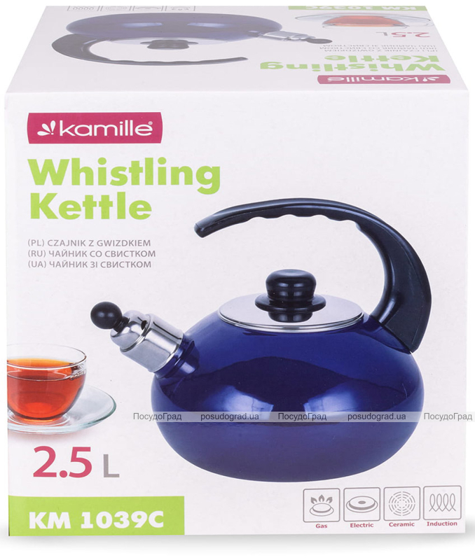 Чайник емальований Kamille "Boiling Water" 2.5л зі свистком, синій глянець