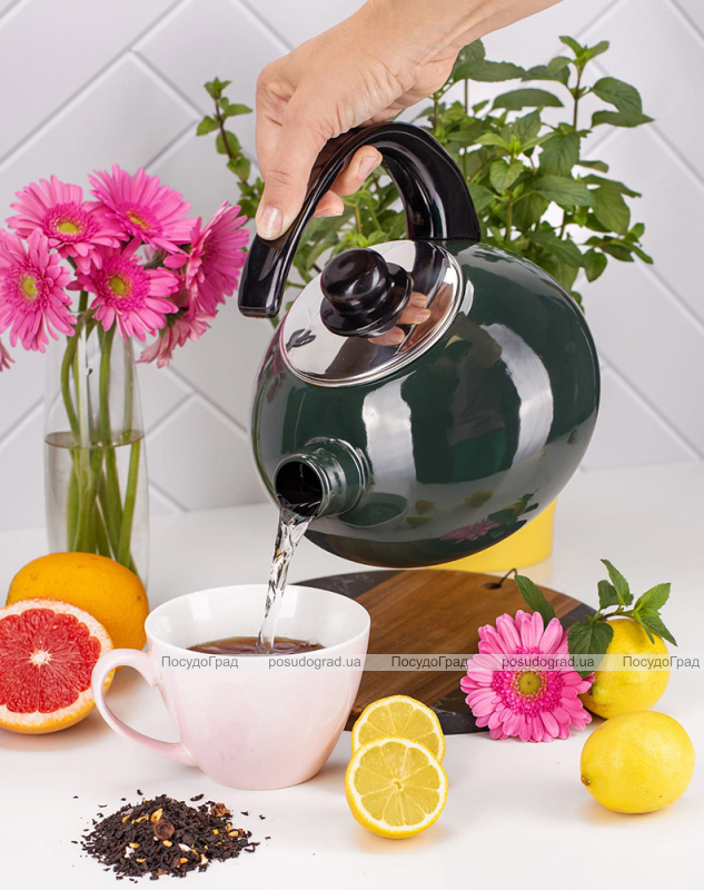 Чайник емальований Kamille "Boiling Water" 2.5л зі свистком, зелений глянець