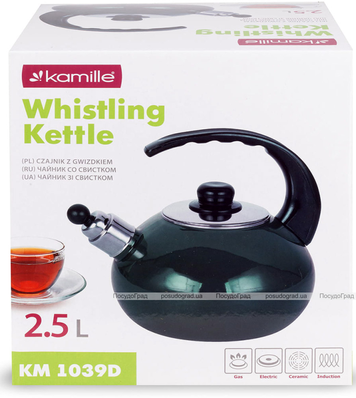 Чайник емальований Kamille "Boiling Water" 2.5л зі свистком, зелений глянець
