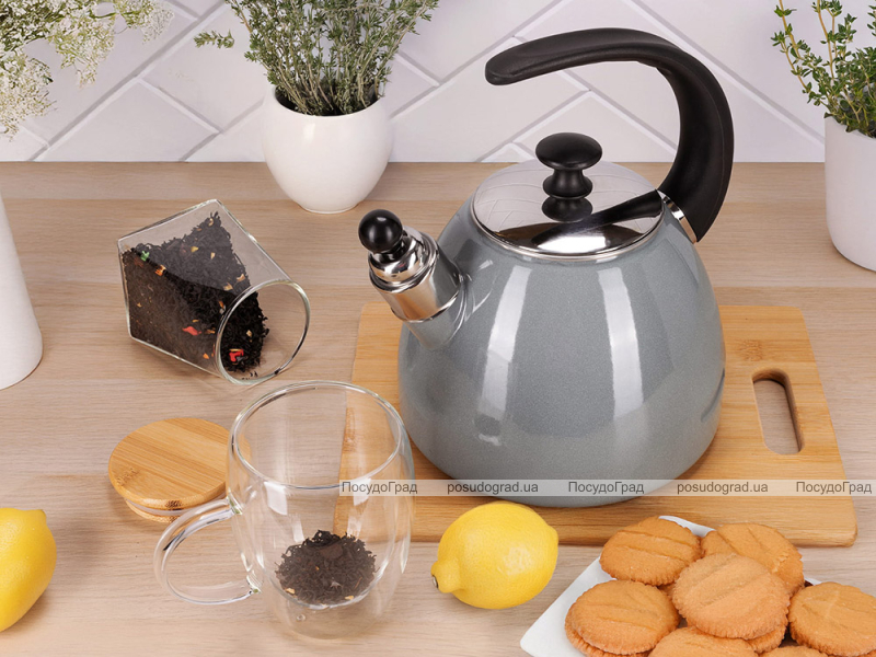 Чайник емальований Kamille "Boiling Water" 2.5л зі свистком, індукційний, оливковий