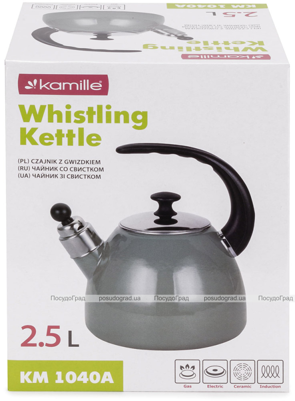 Чайник емальований Kamille "Boiling Water" 2.5л зі свистком, індукційний, оливковий