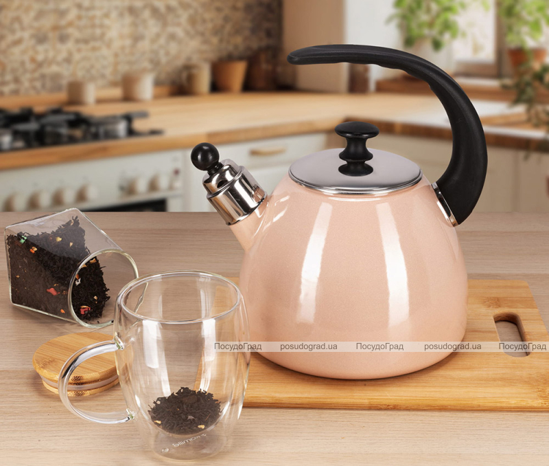 Чайник емальований Kamille "Boiling Water" 2.5л зі свистком, індукційний, рожевий