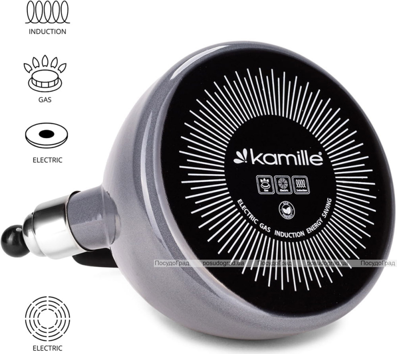 Чайник емальований Kamille "Boiling Water" 2.5л зі свистком, індукційний, сірий
