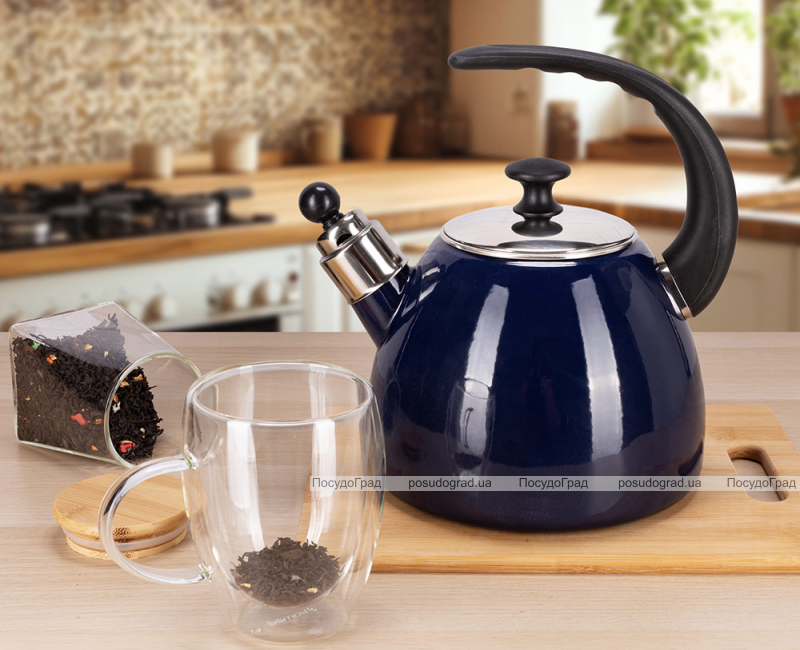 Чайник емальований Kamille "Boiling Water" 2.5л зі свистком, індукційний, синій