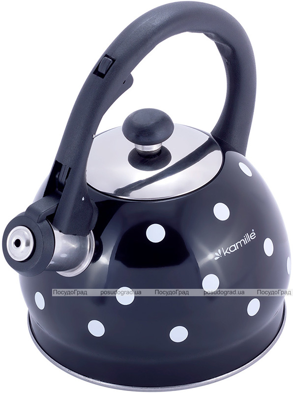 Чайник Kamille Polka Dot Kettle 2л з нержавіючої сталі зі свистком, в горошок, чорний