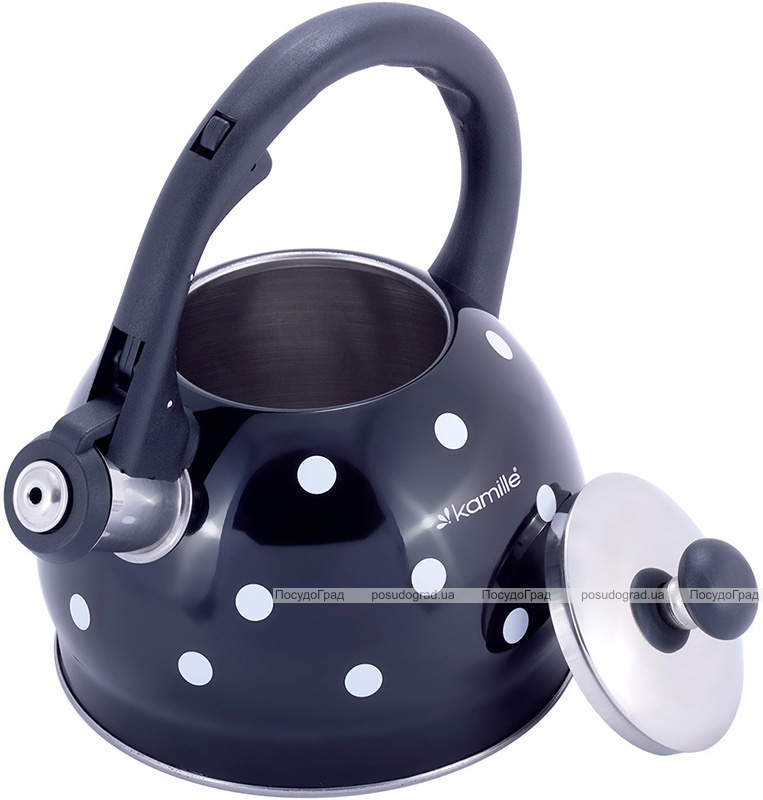 Чайник Kamille Polka Dot Kettle 2л з нержавіючої сталі зі свистком, в горошок, чорний