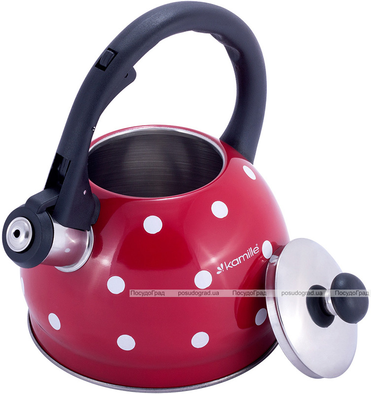 Чайник Kamille Polka Dot Kettle 2л з нержавіючої сталі зі свистком, в горошок, червоний