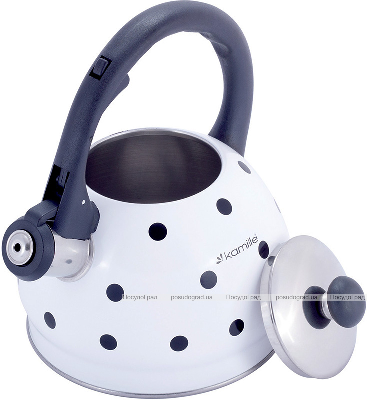 Чайник Kamille Polka Dot Kettle 2л з нержавіючої сталі зі свистком, в горошок, білий