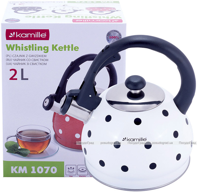 Чайник Kamille Polka Dot Kettle 2л з нержавіючої сталі зі свистком, в горошок, білий