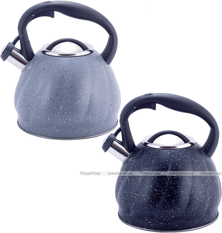 Чайник Kamille Whistling Kettle Marble 3л из нержавеющей стали со свистком (черный, серый мрамор)