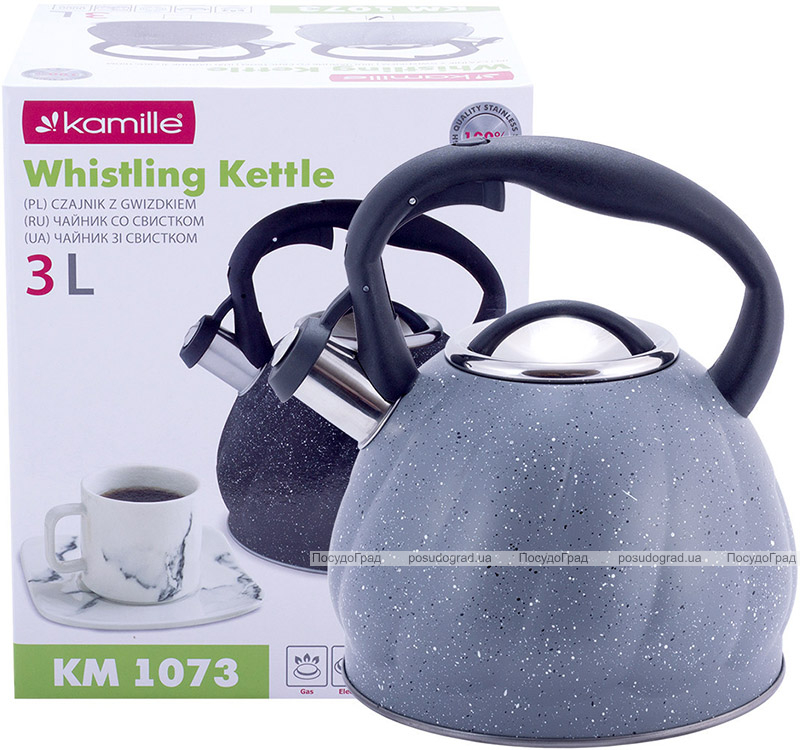 Чайник Kamille Whistling Kettle Marble 3л из нержавеющей стали со свистком (черный, серый мрамор)